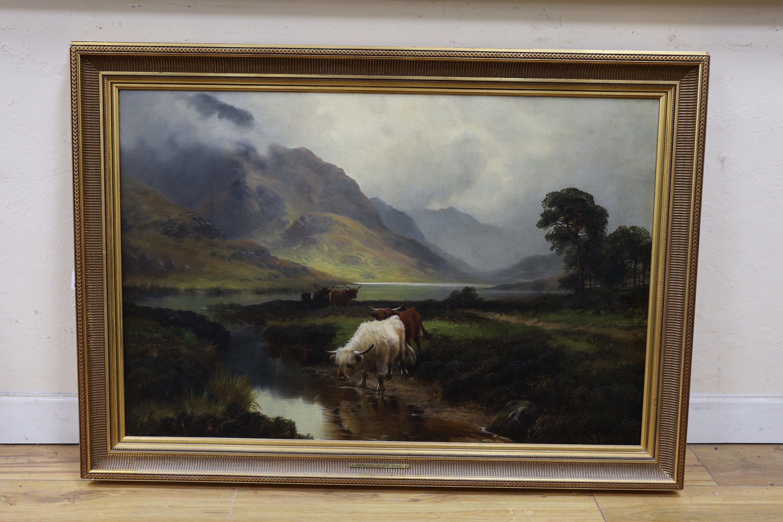 Henry R. Hall (1859-1927), oil on canvas, 'Highland Cattle, Loch Lomond from Enrich Water, signed, 60 x 90cm